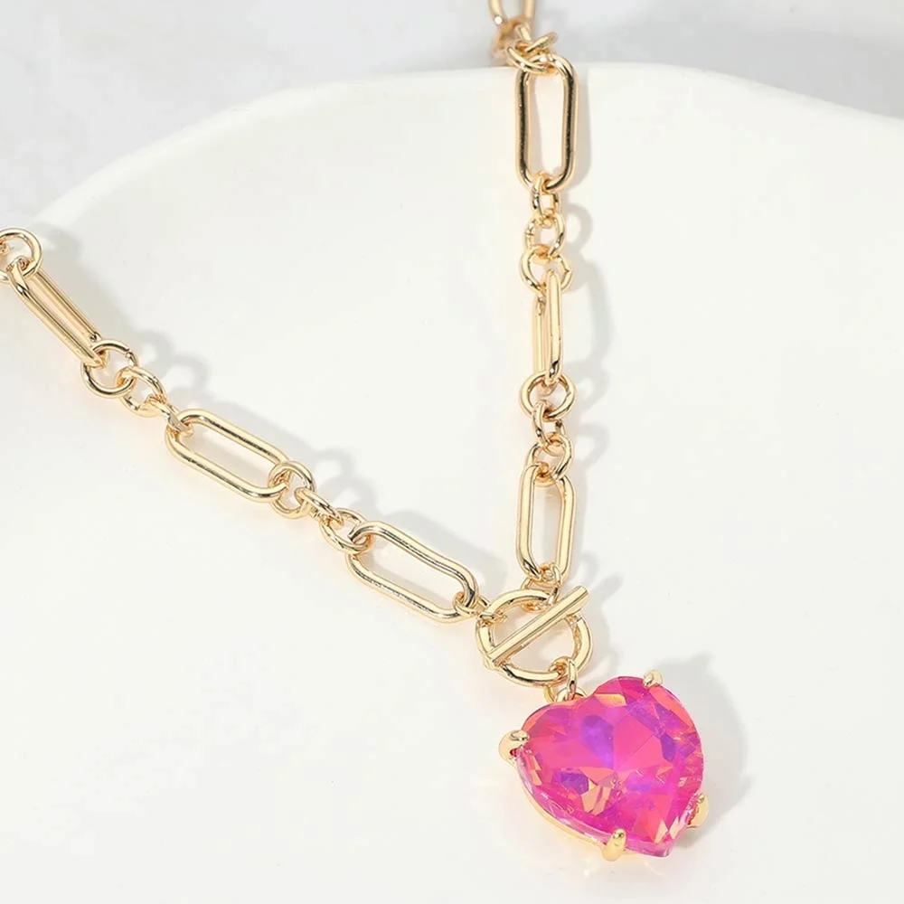 Plum Heart Toggle Paperclip Link Crystal Pendant Necklace Gold Jewelry Chain